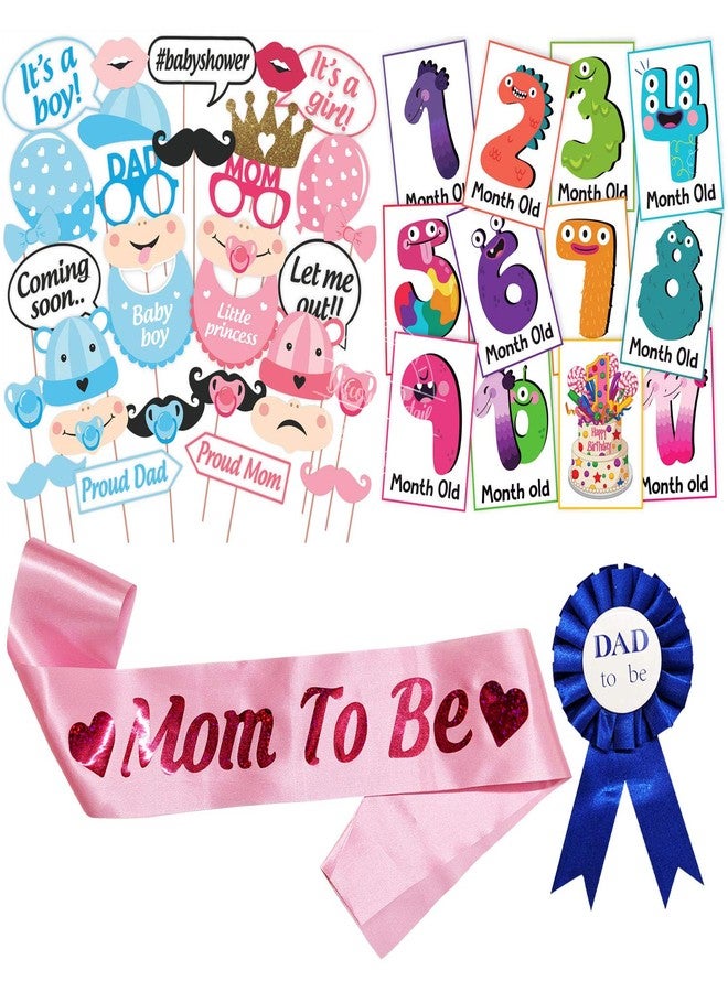 ووبوكس مجموعة زينة حفل استقبال المولود من ووبوكس | دعائم كشك الصور لحفل استقبال المولود، شارة "الأب المنتظر" ووشاح "الأم المنتظرة" مع بطاقة مراحل نمو المولود، طقم زينة حفل غود بهاراي (FP822) - Image 1